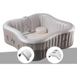UBBINK Kit Spa Gonflable Infinite Spa Élite Plus Trèfle Bulles 4 Places + 2 Appuie-têtes + Porte Verre - Beige